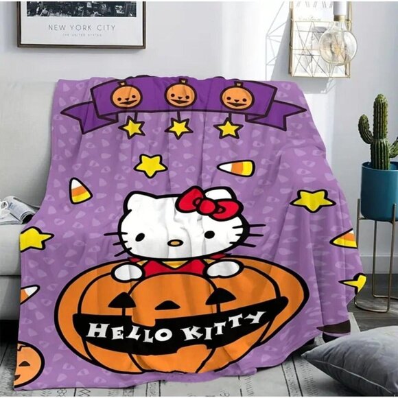 Hello Kitty HALLOWEEN pumpkin Plush Blanket 59"x 79" Orange & Purple - Picture 2 of 7
